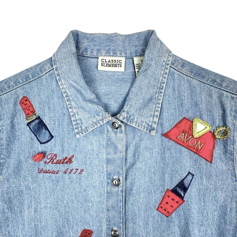 Vintage Avon Denim Button Up Shirt Women S Blue Cosmetics Makeup Retro Ruth - Picture 3 of 15
